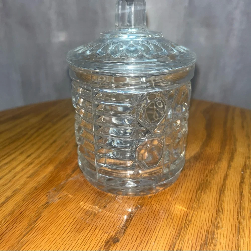 Vintage Federal Glass Clear Sugar Bowl Jam Jar w/Lid & spoon Button & Cane